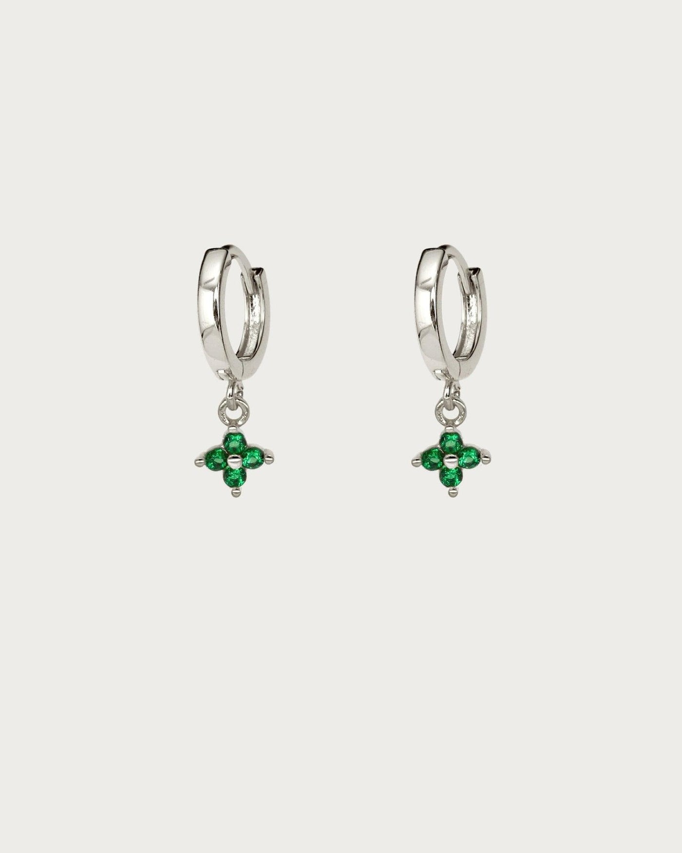 Green Clover Hoop Earrings in Silver